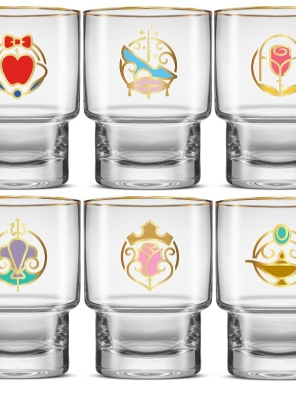 NWT Disney Princess Gold Trimmed Short Drinking Glasses Lowball Set of 6 10oz